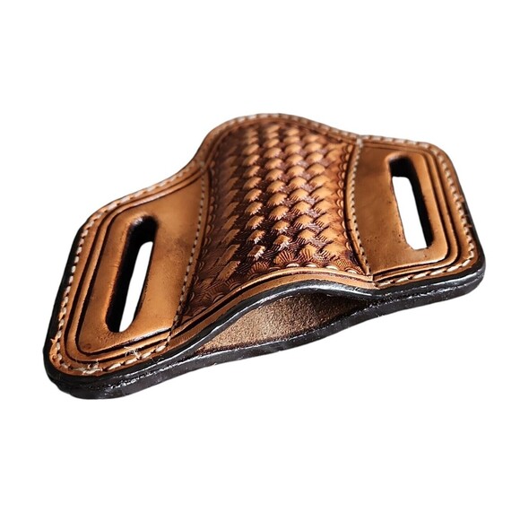 Hand Tooled Basket Weave 4" Tan Leather Knife Sheath Pancake Style - Picture 4 of 5